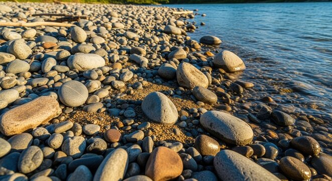 Smooth river stones on the bank of a clear blue water stream.