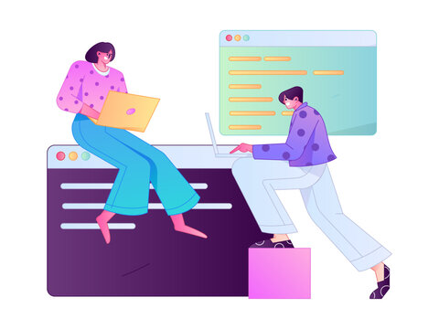 Programming teaching development flat character vector concept operation hand drawn illustration
