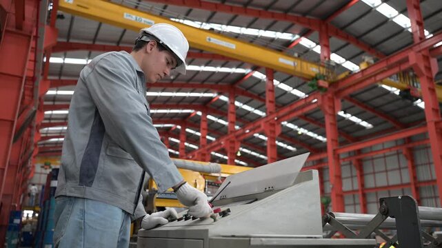 Professional industrial engineer wearing safety helmet and uniform bending over to carefully inspect data sheets and adjust controls at the heavy industry console desk station.