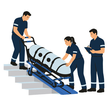 Paramedics transporting a patient on a stretcher down a staircase.