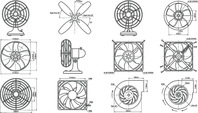 Vintage electric fan blueprint vector set with technical drafting schematics dimension lines and engineering line art icons for industrial design
