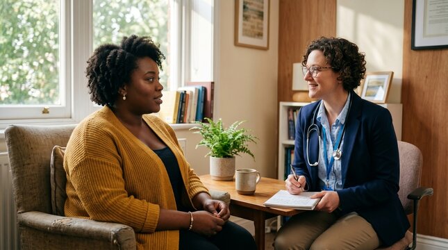 Doctor consults with patient in a warm, inviting office setting