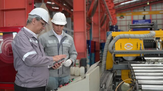 Two professional industrial engineers wearing safety helmets and uniforms checking technical specifications on a tablet near the automated factory production line facility.