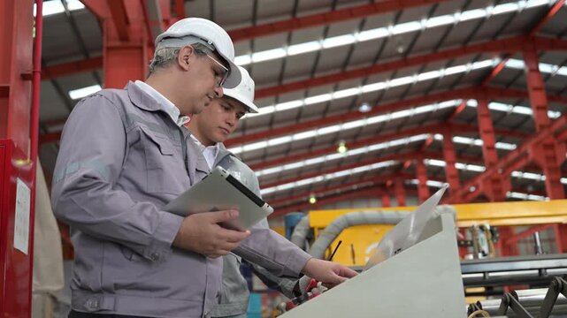 Two professional industrial engineers wearing safety helmets and uniforms collaborating on technical documentation and system operation at the factory control dashboard machine.