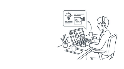Fototapeta premium A line art illustration of a focused programmer working on a laptop with headphones.