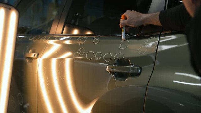 Close up shoot of Car with dent marks in to Preparing process to Repairing Hail Damage in car body shop