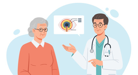 Fototapeta premium Ophthalmologist Explains Eye Anatomy to Senior Patient, Medical Consultation