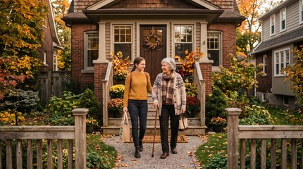 Obraz premium Two women walking together in autumn near a cozy house with colorful foliage
