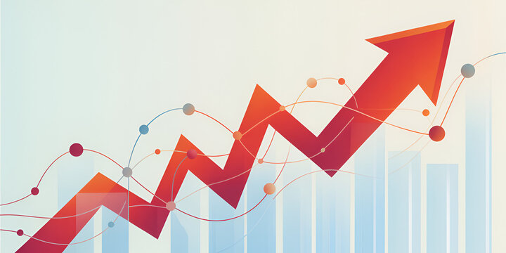 Red arrow graph rising upwards during a financial uptrend with connecting dots and chart elements