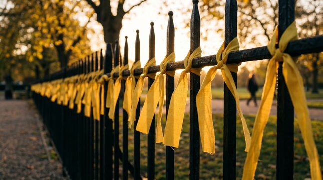 Beautiful sunset with yellow ribbons tied to a black fence in a park setting