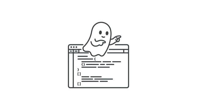 A cute ghost character pointing at a computer code editor window.