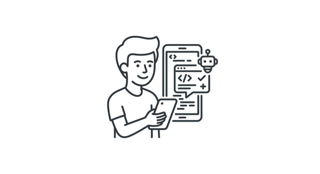 A young man using a smartphone to interact with an AI coding assistant.