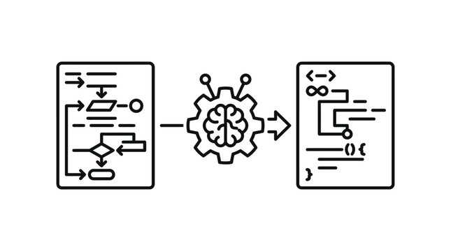 A conceptual illustration showing the transformation of a flowchart into computer code using artificial intelligence.