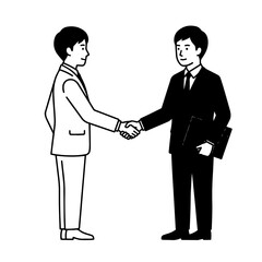 Fototapeta premium A black and white line of two businessmen in suits shaking hands during a formal business meeting on a white background isolated