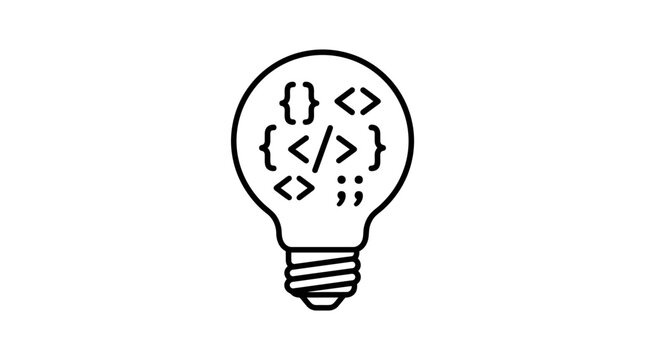A minimalist line art illustration of a lightbulb containing various programming and coding symbols.