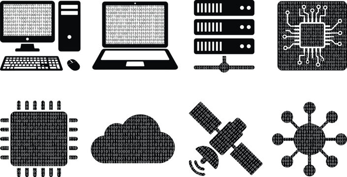 Information technology icons set with computer hardware server cloud data and binary code texture isolated