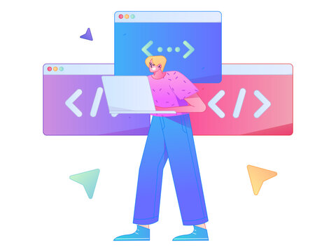 Programming teaching development flat character vector concept operation hand drawn illustration
