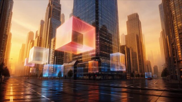 Futuristic city street at sunrise with glowing light cube architecture and glass building reflection, surreal digital art dreamscape skyline hologram cube urban fantasy atmosphere