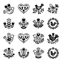 Collection of black and white folk featuring stylized birds, floral patterns, hearts, and wreaths on a clean white background © shahin9