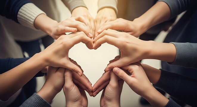 Diverse group of business people holding hands together forming a heart shape