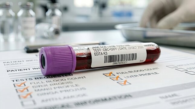 Blood sample tube on medical form with tests requested in lab
