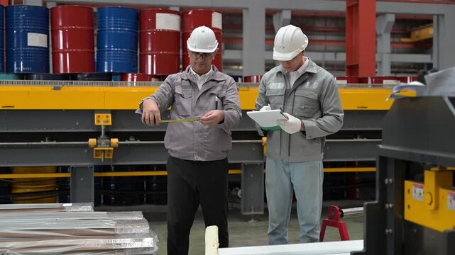 Two professional industrial engineers wearing safety helmets and uniforms checking inventory documents near large storage barrels inside a heavy manufacturing factory warehouse.