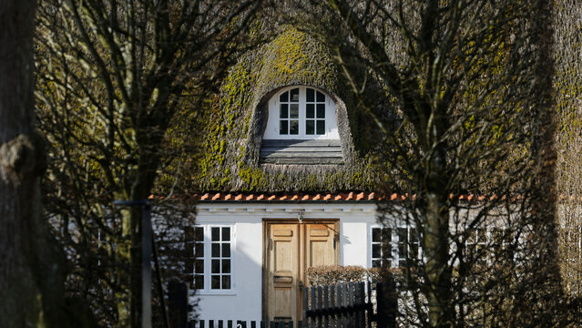 Traditional thatched roof cottage with dormer window