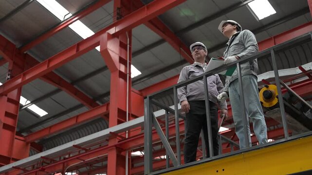 Two professional industrial engineers wearing safety helmets and uniforms checking blueprints and structural layout on an elevated safety platform in a heavy industry factory.
