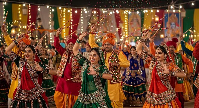 Traditional Indian people dancing dandiya raas in festive night celebration
