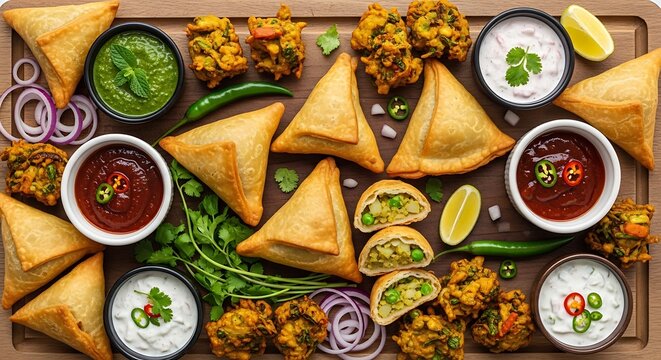 Traditional Indian samosa and pakora appetizer platter with dipping sauces