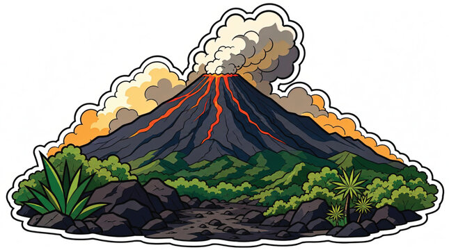 Erupting volcano with smoke and lava.