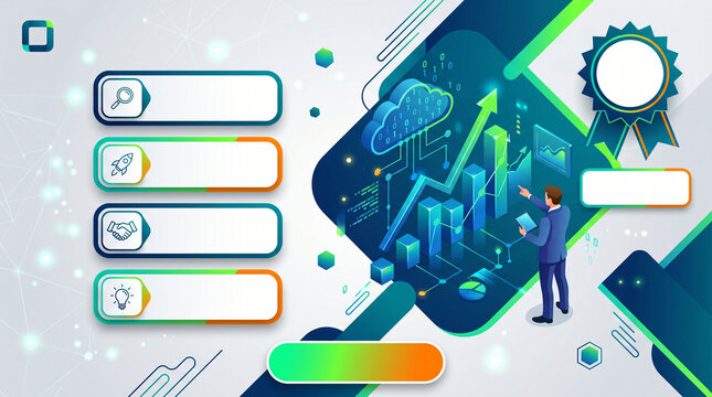 Business infographic template with growth chart and man analyzing data