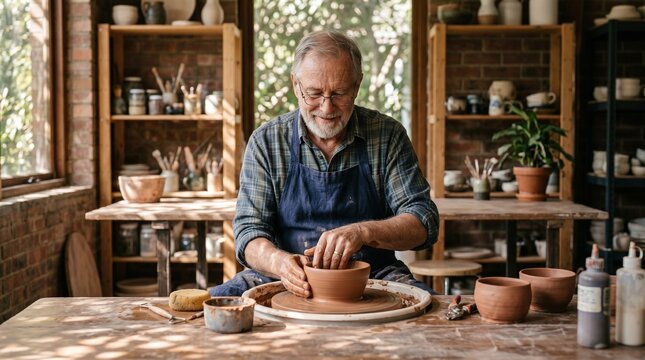 Elderly man with glasses happily shaping clay on a pottery wheel in his studio