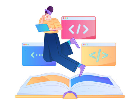 Programming teaching development flat character vector concept operation hand drawn illustration
