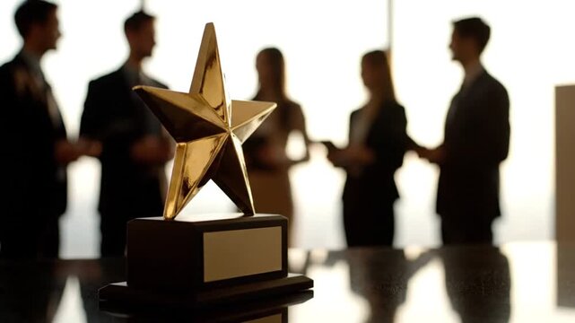 Elegant golden star trophy sitting prominently on a reflective table, with blurred silhouettes of successful business people in a 