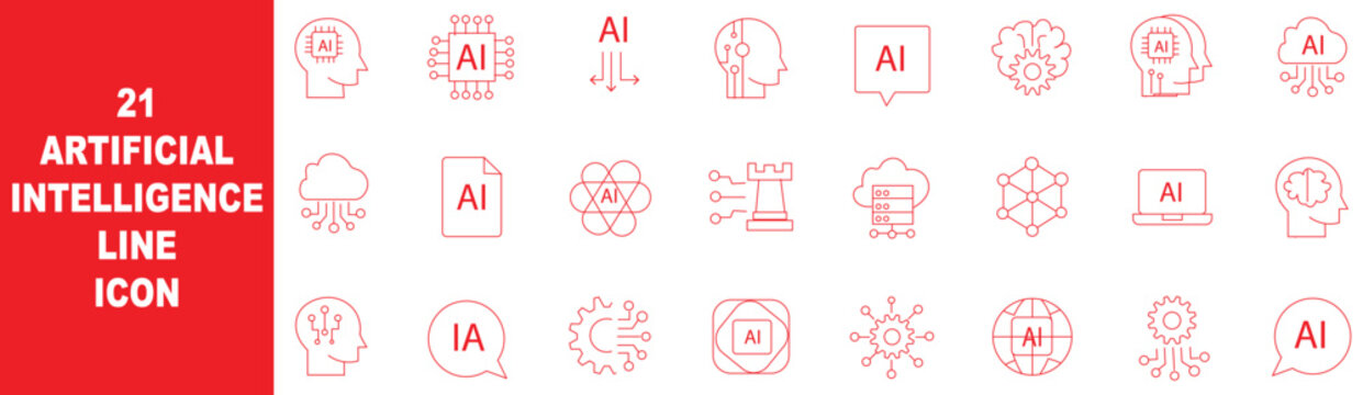 AI agent and autonomous artificial intelligence workflow line icon set. Vector symbols for smart automation, machine learning assistants, cognitive computing, and digital neural bots