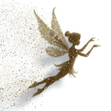 Magical flying fairy silhouette made of golden glitter dust isolated on white background