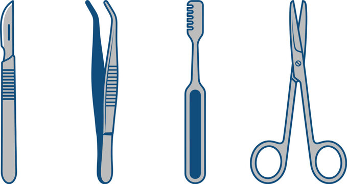 Medical forceps, scissors, and toothbrush illustration