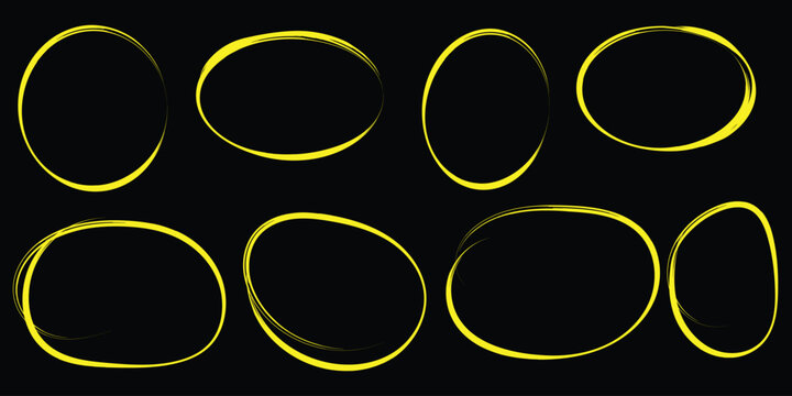 Hand drawn ballpoint pen circles ovals, red ballpen text highlight sketch frames. Grunge doodle ellipses, abstract round scribble highlights, various width oval pen doodles vector