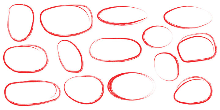 Hand drawn ballpoint pen circles ovals, red ballpen text highlight sketch frames. Grunge doodle ellipses, abstract round scribble highlights, various width oval pen doodles vector