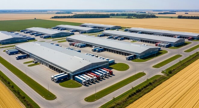Vast agricultural distribution warehouse complex with numerous trucks at loading docks, seen from an aerial perspective.