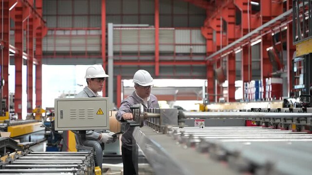 Factory engineer inspecting automated production line
