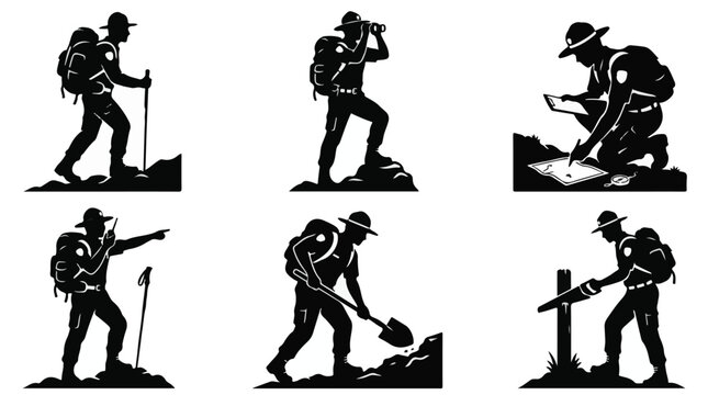 Park ranger silhouette with backpack and radio on hill