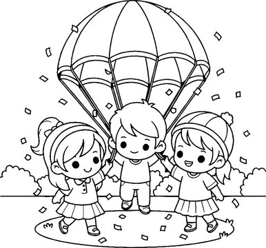Three children happily playing under a parachute outdoors.