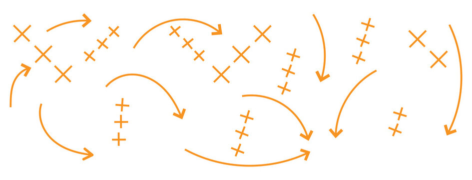 Hand drawn football plays vector illustration featuring soccer game strategy tactics with X and O scheme symbols and dashed arrows for coach chalkboard design. 