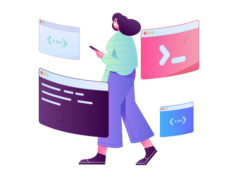 Programming teaching development flat character vector concept operation hand drawn illustration
