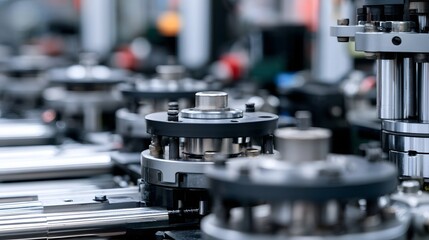 Naklejka premium A dynamic rugged assembly line showcases moving metal parts with striking highlights and shadows in an industrial setting
