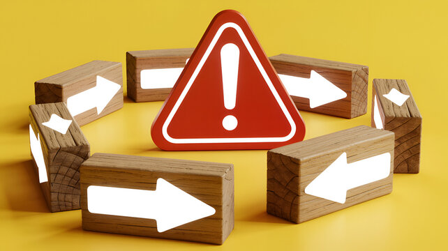 Red warning triangle with illuminated arrows pointing inward on wooden blocks arranged in a circle during concept