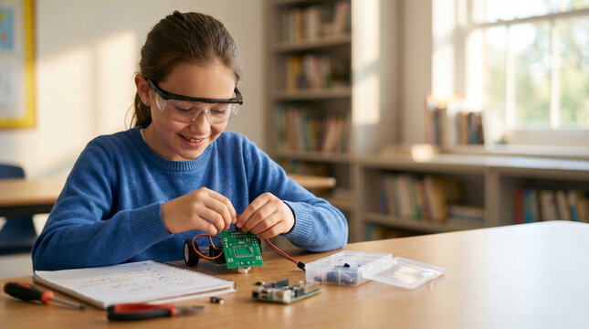 Young student girl wearing safety glasses assembling a DIY robot project in a classroom setting