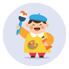 A cheerful young boy dressed as an artist holding a large paintbrush and a tube of orange paint, wearing a blue beret and yellow apron.
